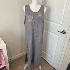 Erika Collection Gray Cotton Linen Embroidered Patch Maxi Jumper Dress Large